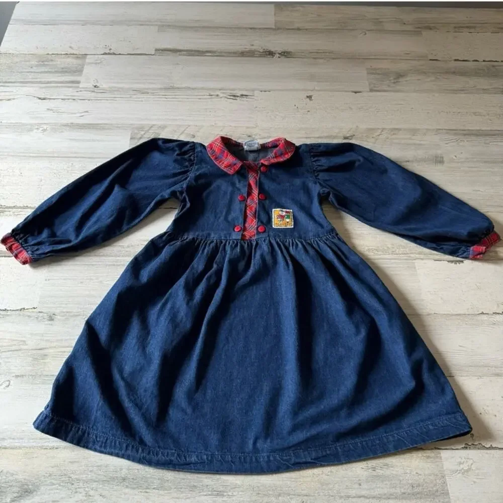 Vintage OshKosh‎ B'gosh Girls Denim Long Sleeve Academia A-line Mini Dress Navy